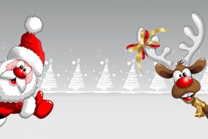 Zu sehen ist im Comic Stil ein Weihnachtsmann der von Links zum Bild hereinschaut und von rechts ein Rentier mit Geweih und roter Nase. Beide lachen und zeigen einen Daumen nach oben. Das Rentier hat eine Weihnachtsschleife am linken Geweih. Im Hintergrund sind weiße gezeichnete Weihnachtsbäume zu sehen.